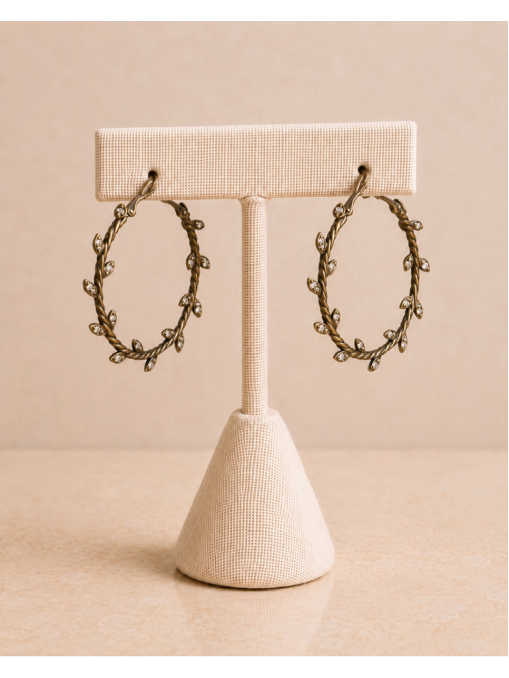 Leaf Branch Rhinestone Hoop Earrings | Antique Gold Tone Nature Inspired Stateme